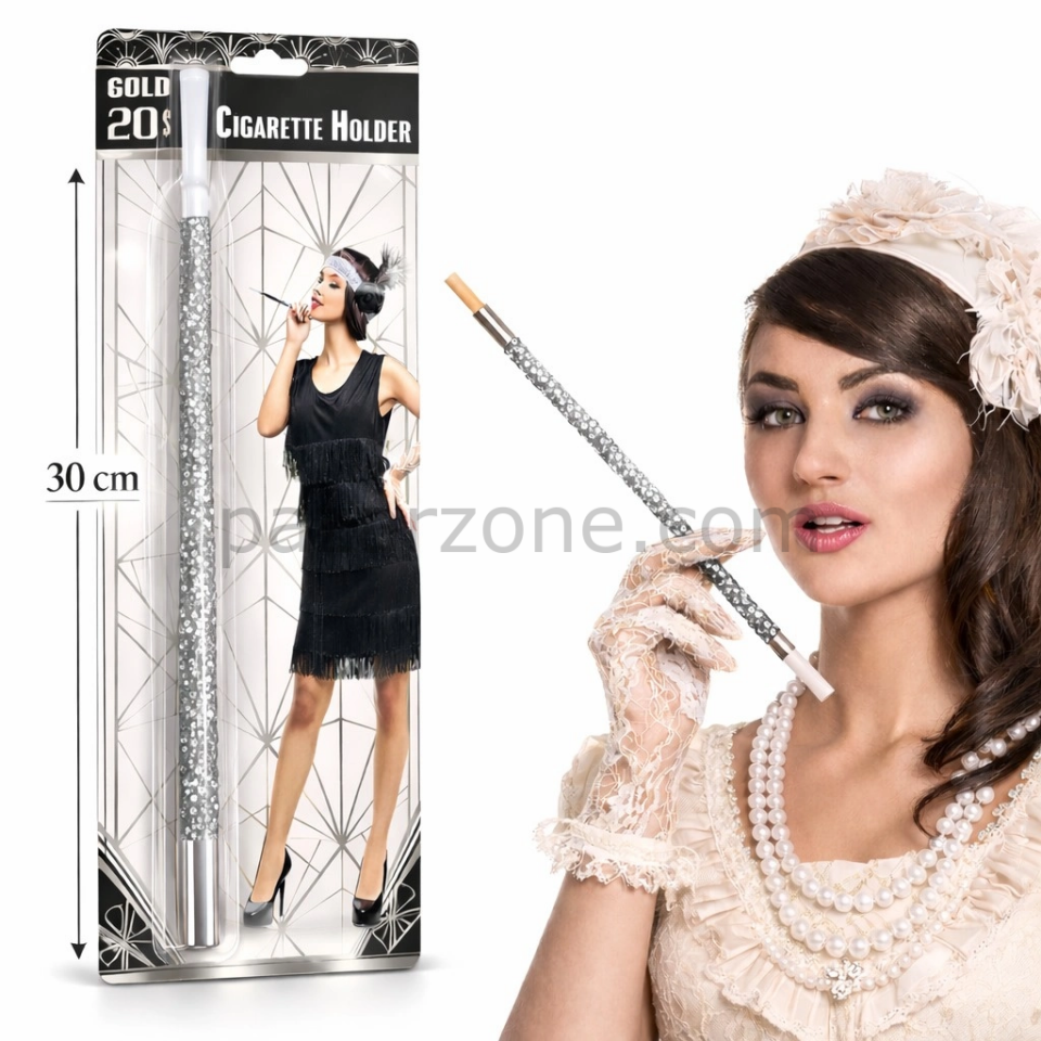 30 Cm Gümüş Payetli Sigara Tutacağı – 1920’ler Gatsby Parti Aksesuarı