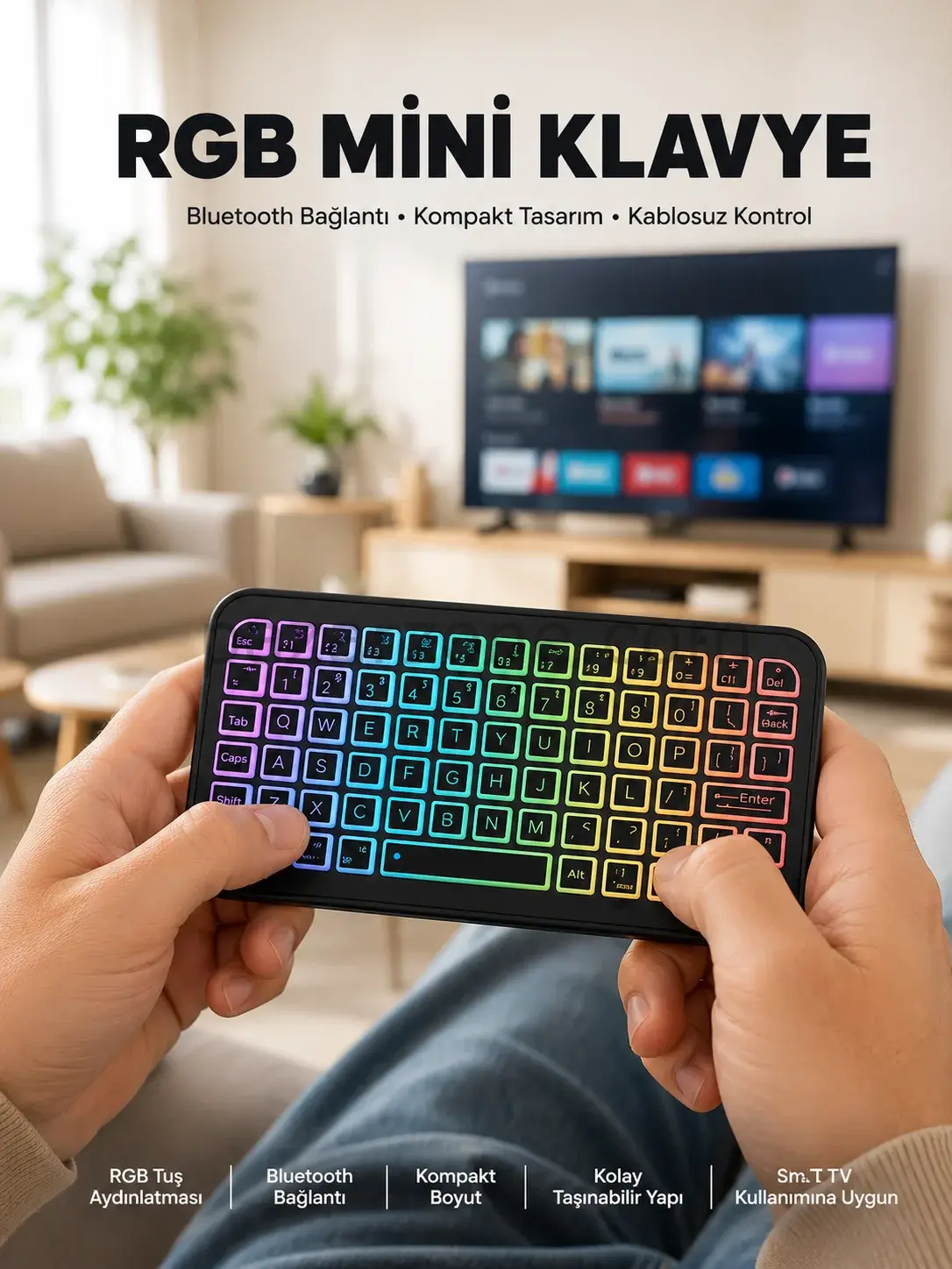 Kompakt Siyah RGB Işıklı Bluetooth Mini Klavye