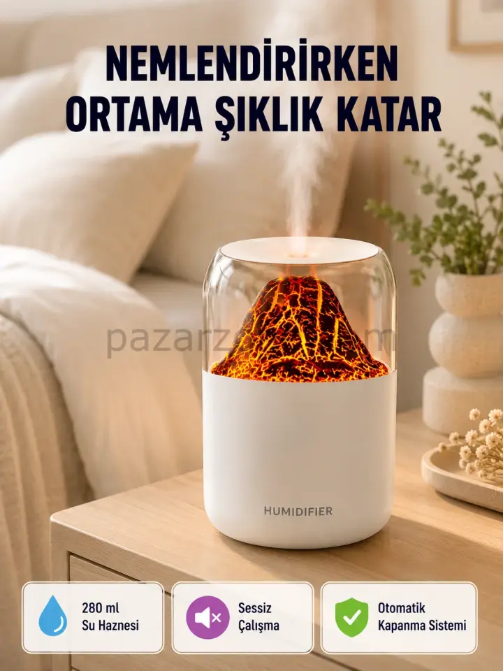 Alev Efektli Ultrasonik Uçucu Yağ Difüzörü 280ml Su Tanklı ve Sessiz Çalışma Özellikli