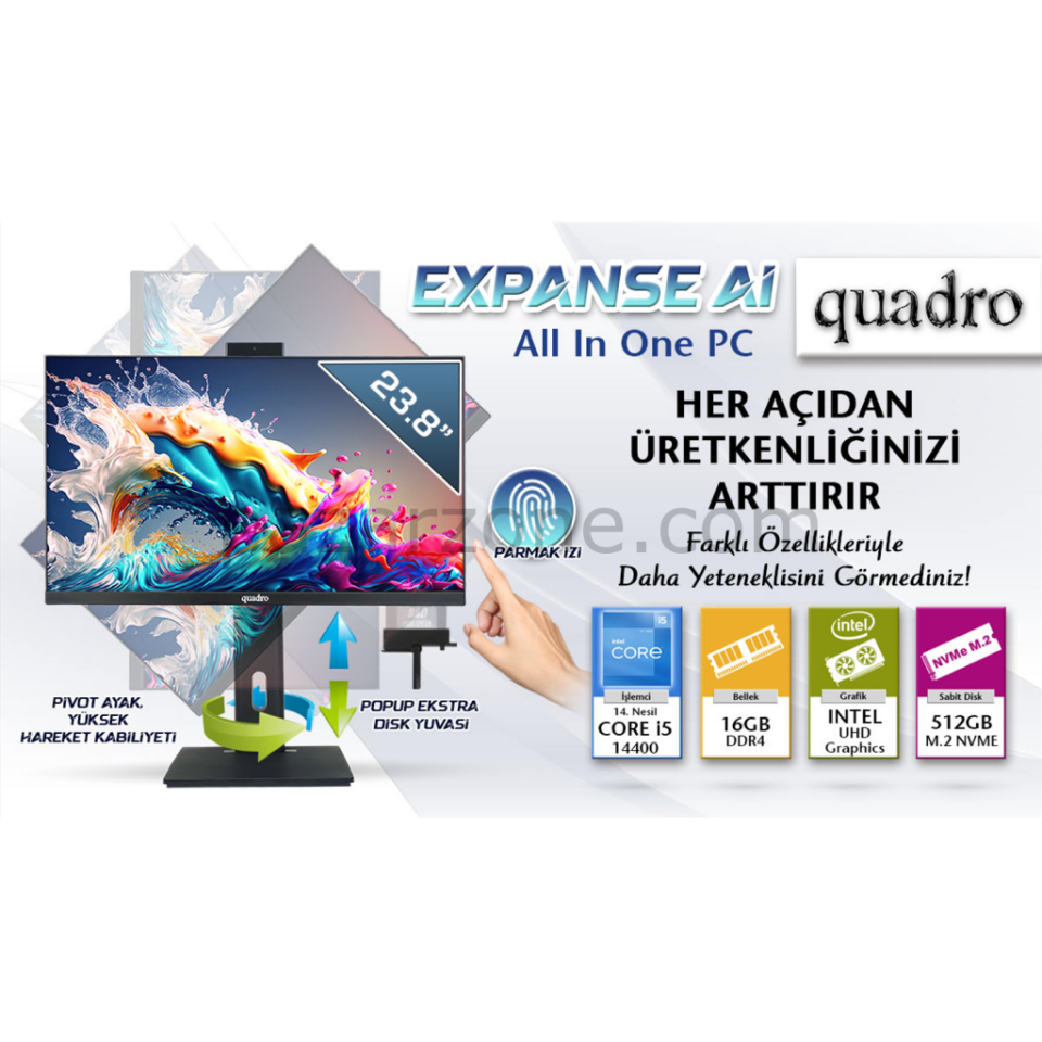 QUADRO EXPANSE AI B424 14165, i5-14400, 23,8" FHD Ekran, 16Gb Ram, 512Gb SSD, Pivot, Paylaşımlı VGA, Free Dos All In One PC