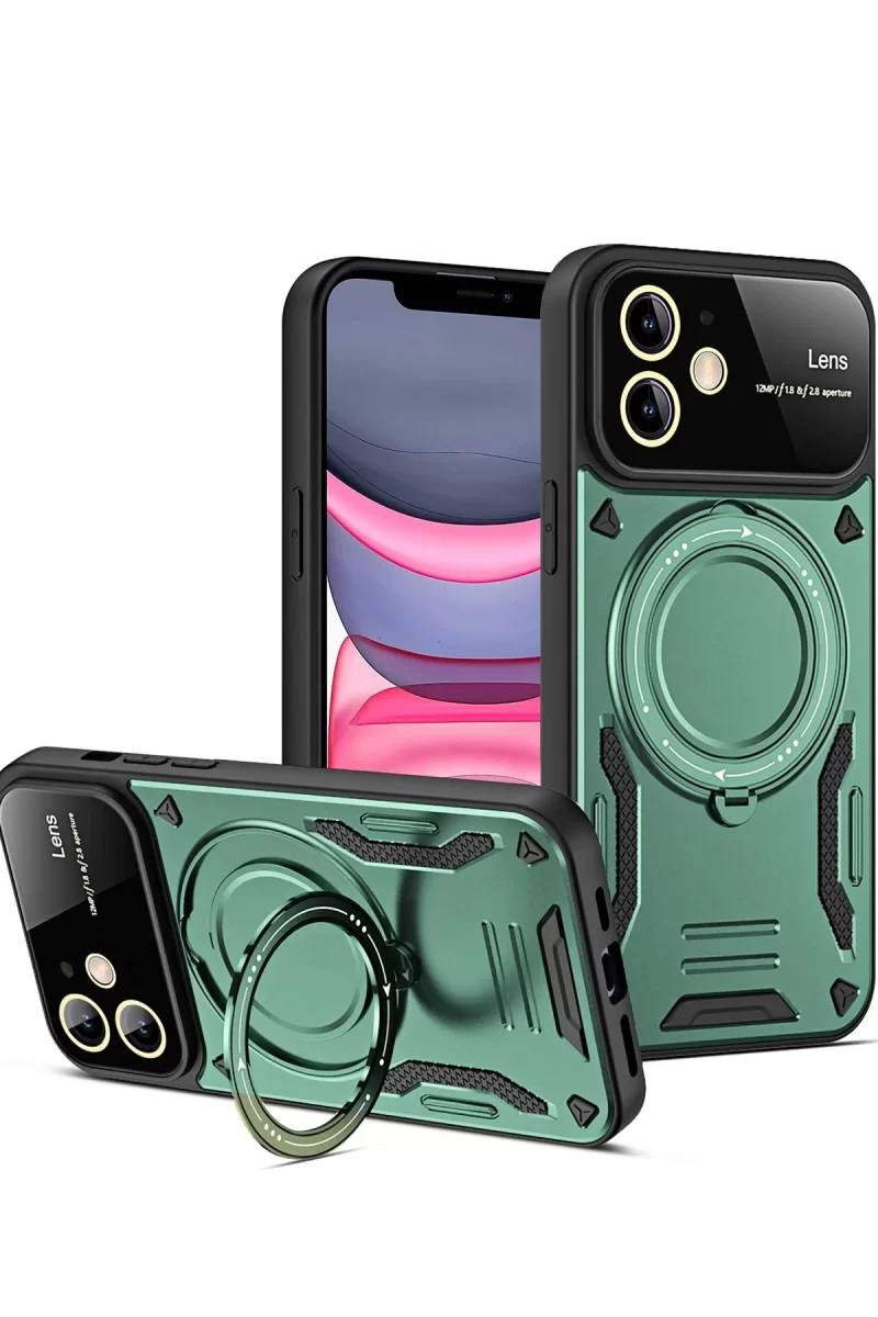 Newface Apple iPhone 11 Kılıf Joy Lens Standlı Kapak - Koyu Yeşil