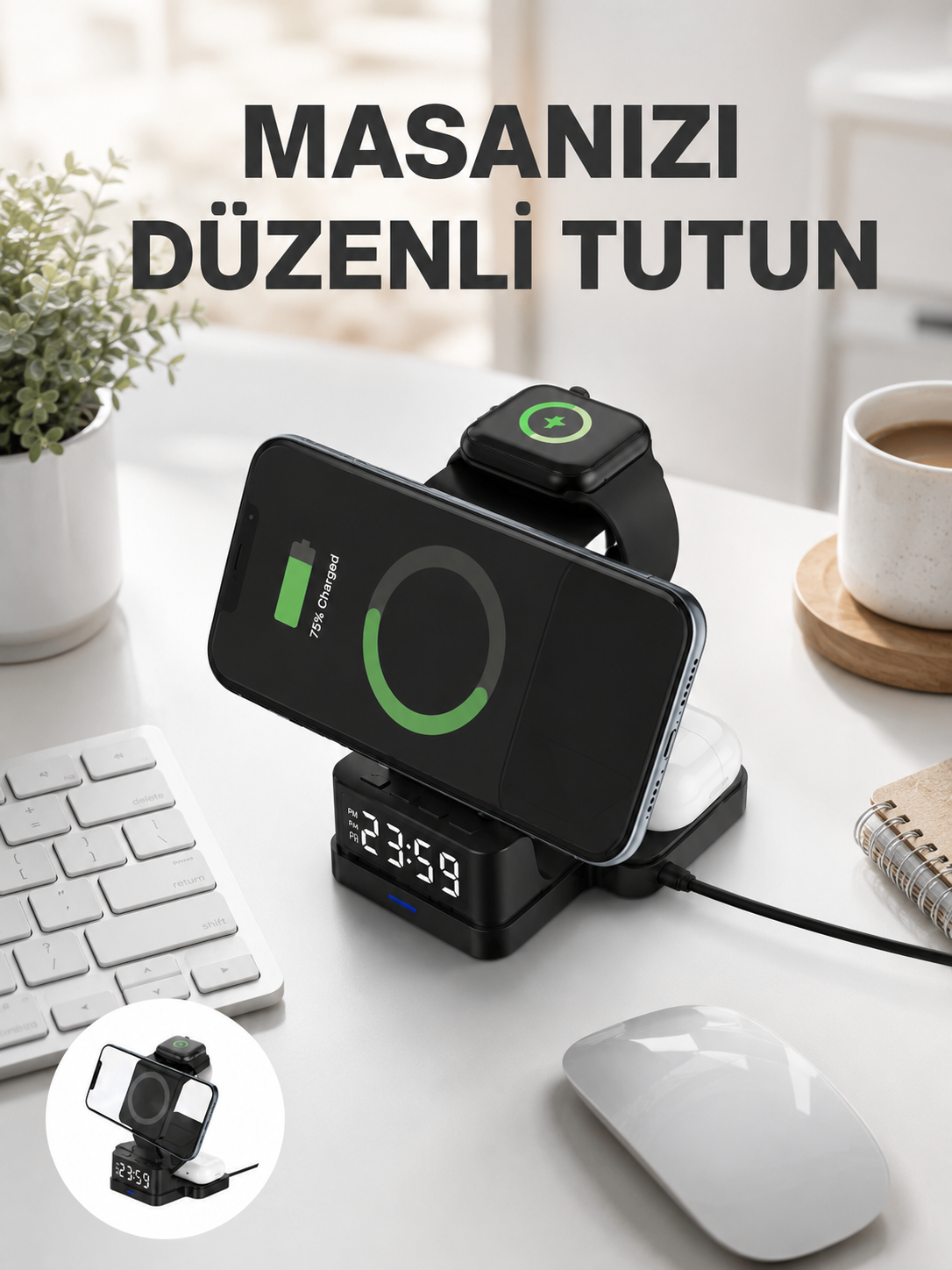 Dijital Saatli Kablosuz Şarj İstasyonu – 3’ü 1 Arada Apple Uyumlu Hızlı Şarj ve LED Ekran Yeni Nesil