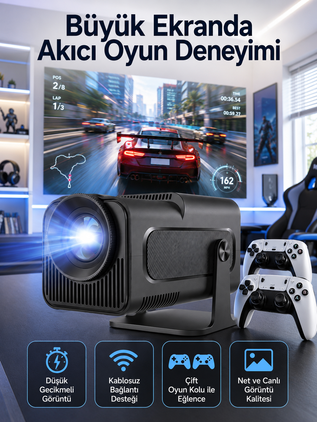 Çift Kollu Game Box Projeksiyon Cihazı Kumandalı Android Tv Dahili Hoparlör