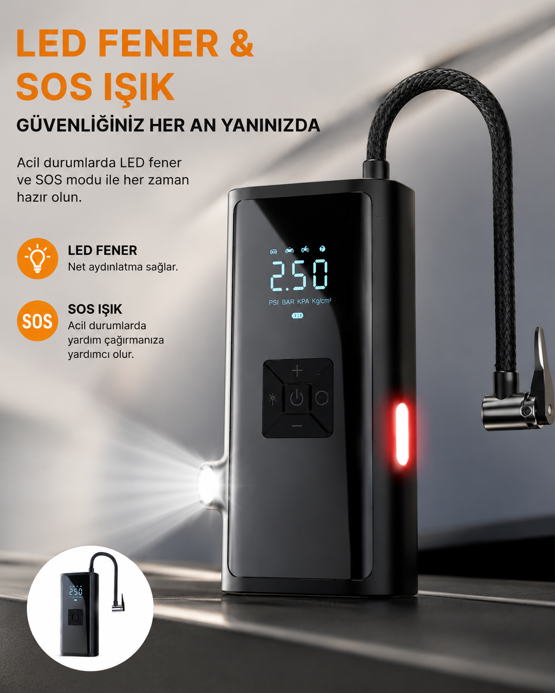 LED Fenerli ve SOS Işıklı Çok Fonksiyonlu Hava Kompresörü Yeni Nesil