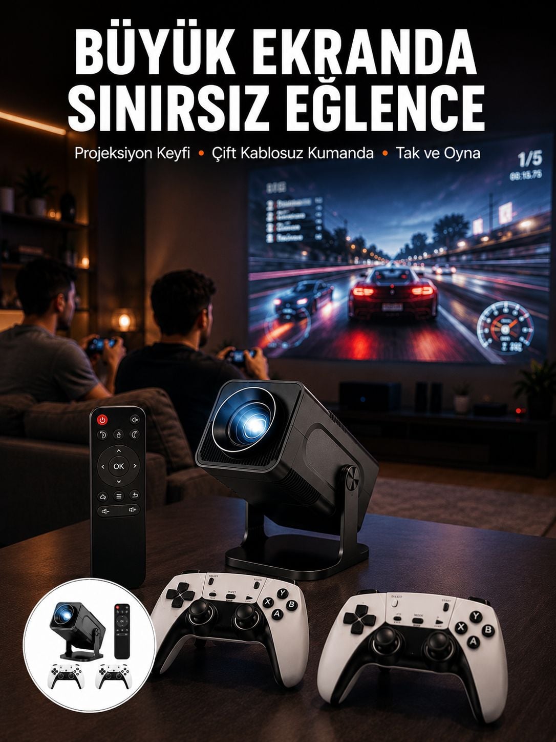 Çift Kollu Game Box Projeksiyon Cihazı Kumandalı Android Tv Dahili Hoparlör Yeni Nesil