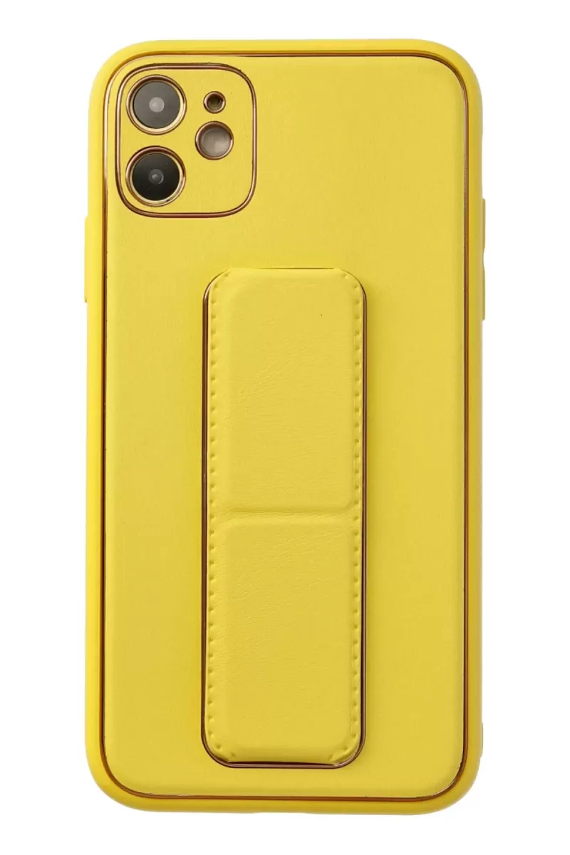 Newface Apple iPhone 12 Kılıf Coco Deri Standlı Kapak - Sarı