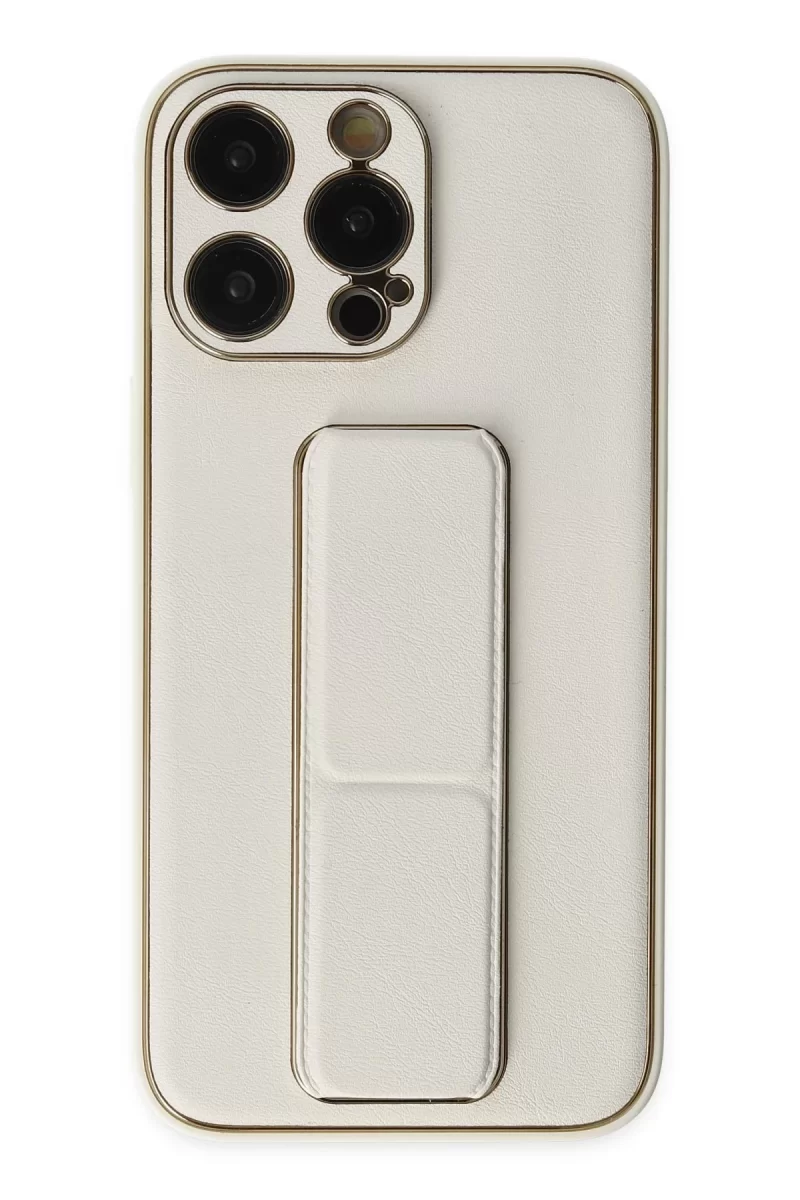 Newface Apple iPhone 13 Pro Kılıf Coco Deri Standlı Kapak - Beyaz