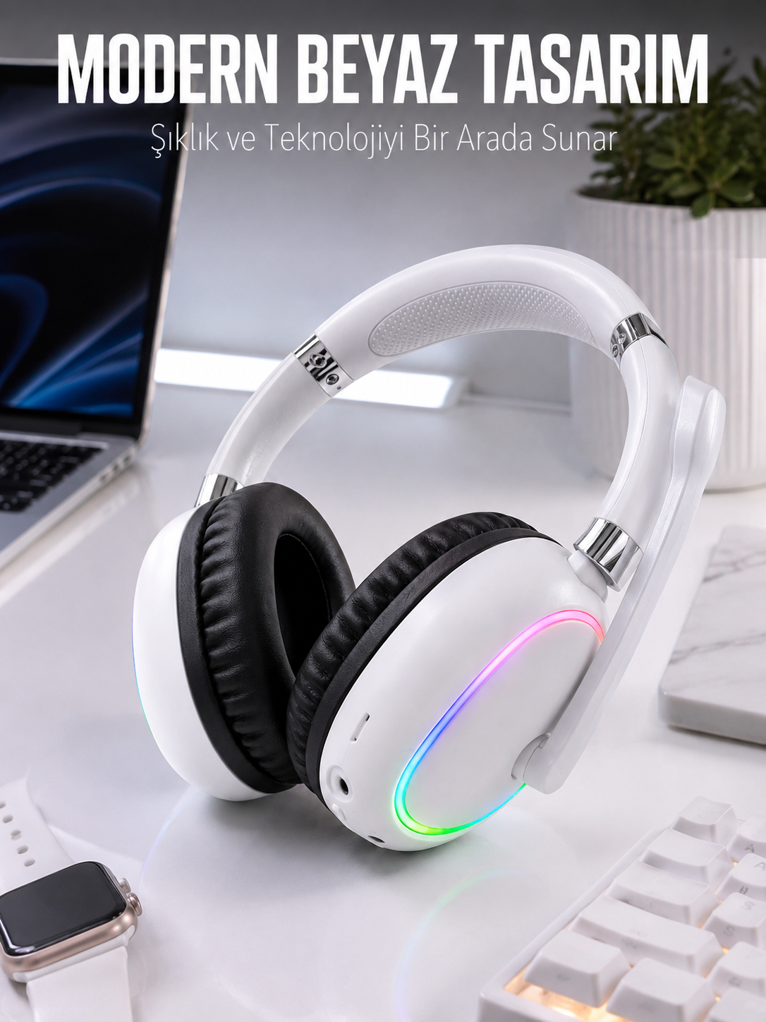 Kablosuz Bluetooth Mikrofonlu Beyaz Kulaklık RGB Işıklı