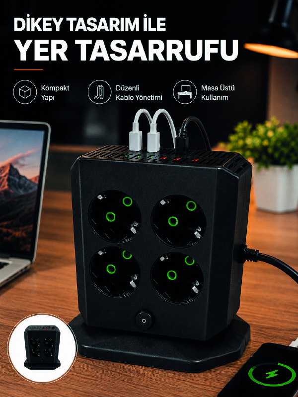 Dikey Priz Kulesi 8 AC Priz 4 USB 2 Type-C Çocuk Korumalı Güç Dağıtıcı