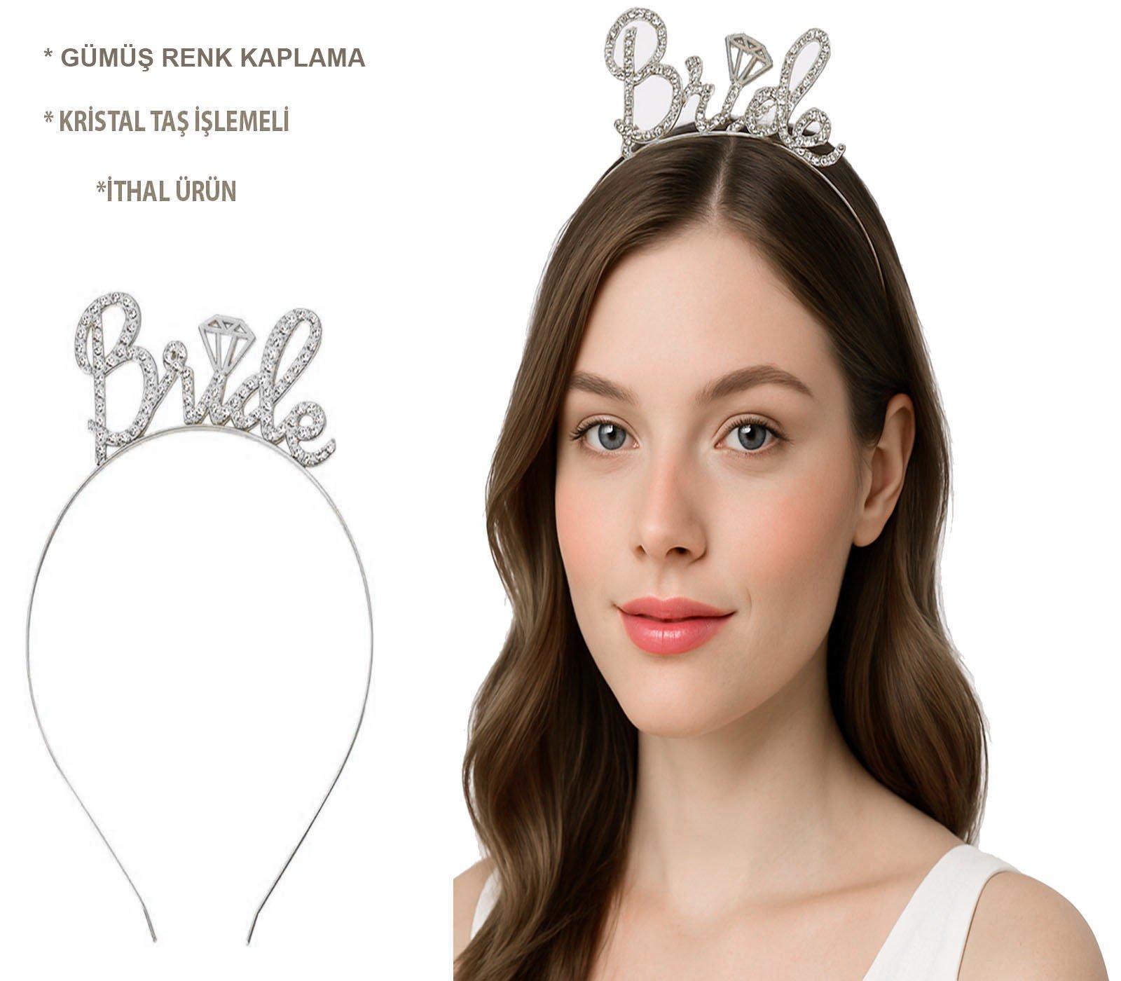Gümüş Renkli Taşlı “Bride” Gelin Tacı