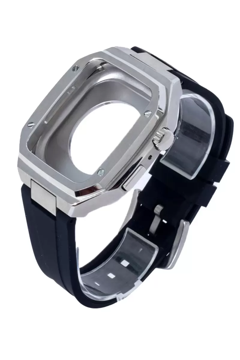 Newface Apple Watch 44mm KR402 Metal Kasa Silikon Kordon - Gümüş