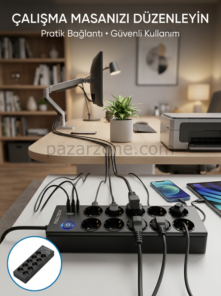 Akım Korumalı 10'lu Çoklu Priz USB-A ve Type-C Şarj Çıkışlı