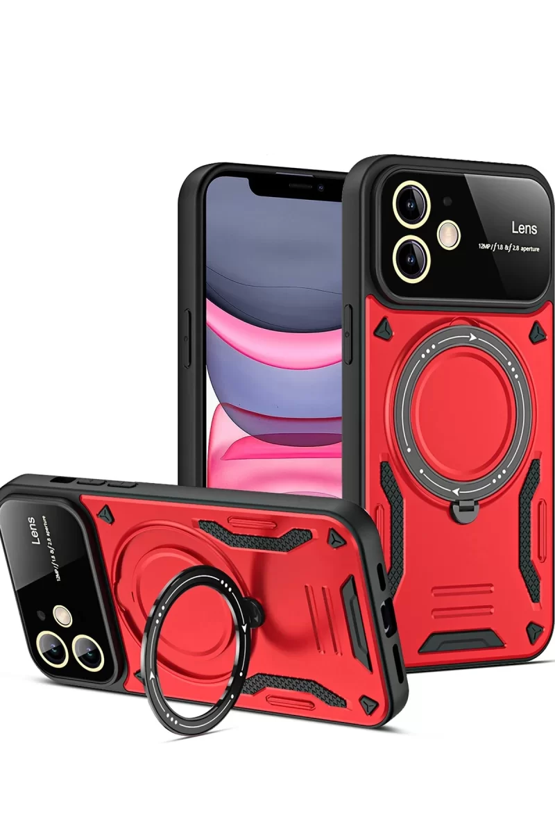 Newface Apple iPhone 11 Kılıf Joy Lens Standlı Kapak - Kırmızı