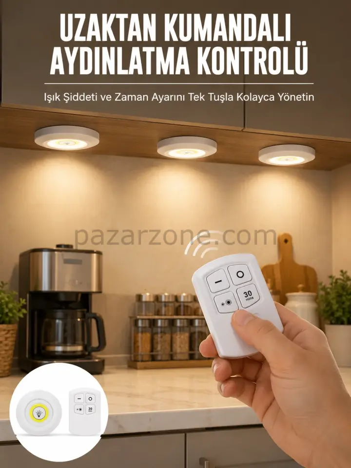 Spot Lamba Led Işık 3'lü Uzaktan Kumandalı Pilli Yapışkanlı Kablosuz Yeni Nesil