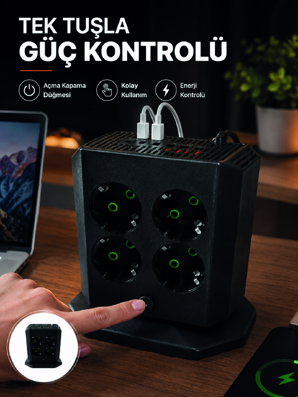 Akım Korumalı 8'li Dikey Priz 4 USB 2 Type-C Hızlı Şarj Destekli Çoklu Priz