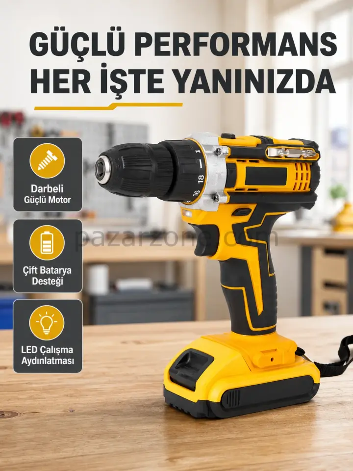 Çift Bataryalı Darbeli Şarjlı Matkap Seti – Metal Dişli, 24 Parça Aksesuar ve LED Işıklı