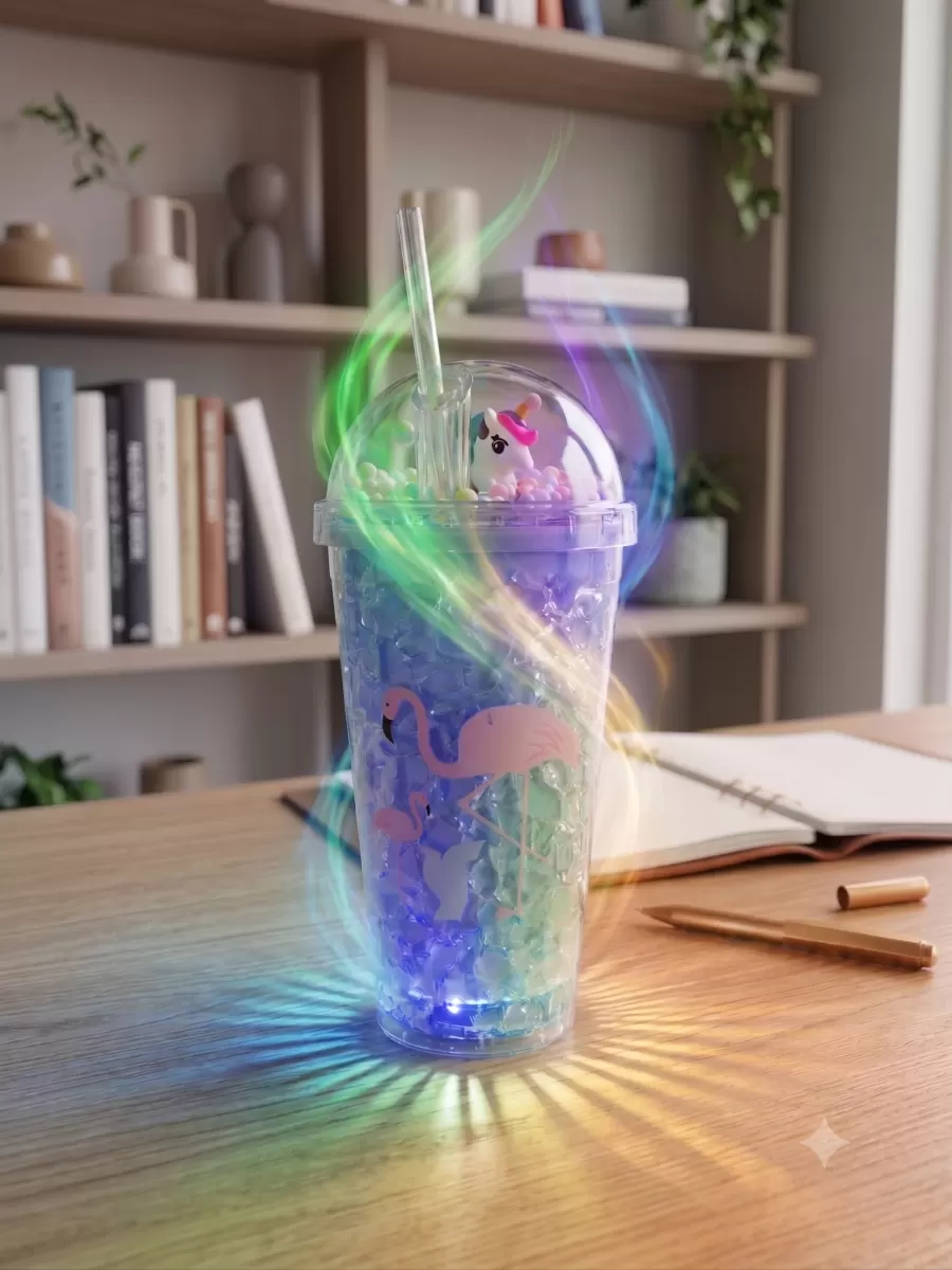 Işıklı Unicorn ve Flamingo Desenli Çift Katmanlı Jel Buzlu Pipetli Bardak - 450ml - Renk Değiştiren LED Tabanlı