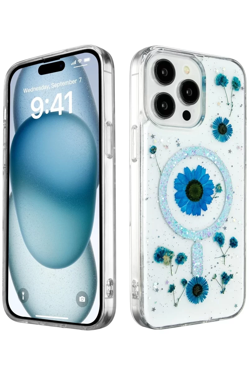 Newface Apple iPhone 15 Pro Max Kılıf Daisy Simli Magsafe Kapak - Mavi