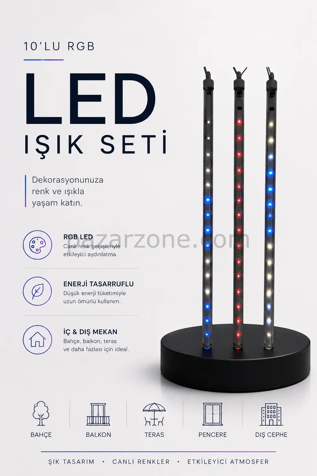 RGB LED Dış Ve İç Mekan Süsleme Işığı 10 Çubuklu Şerit