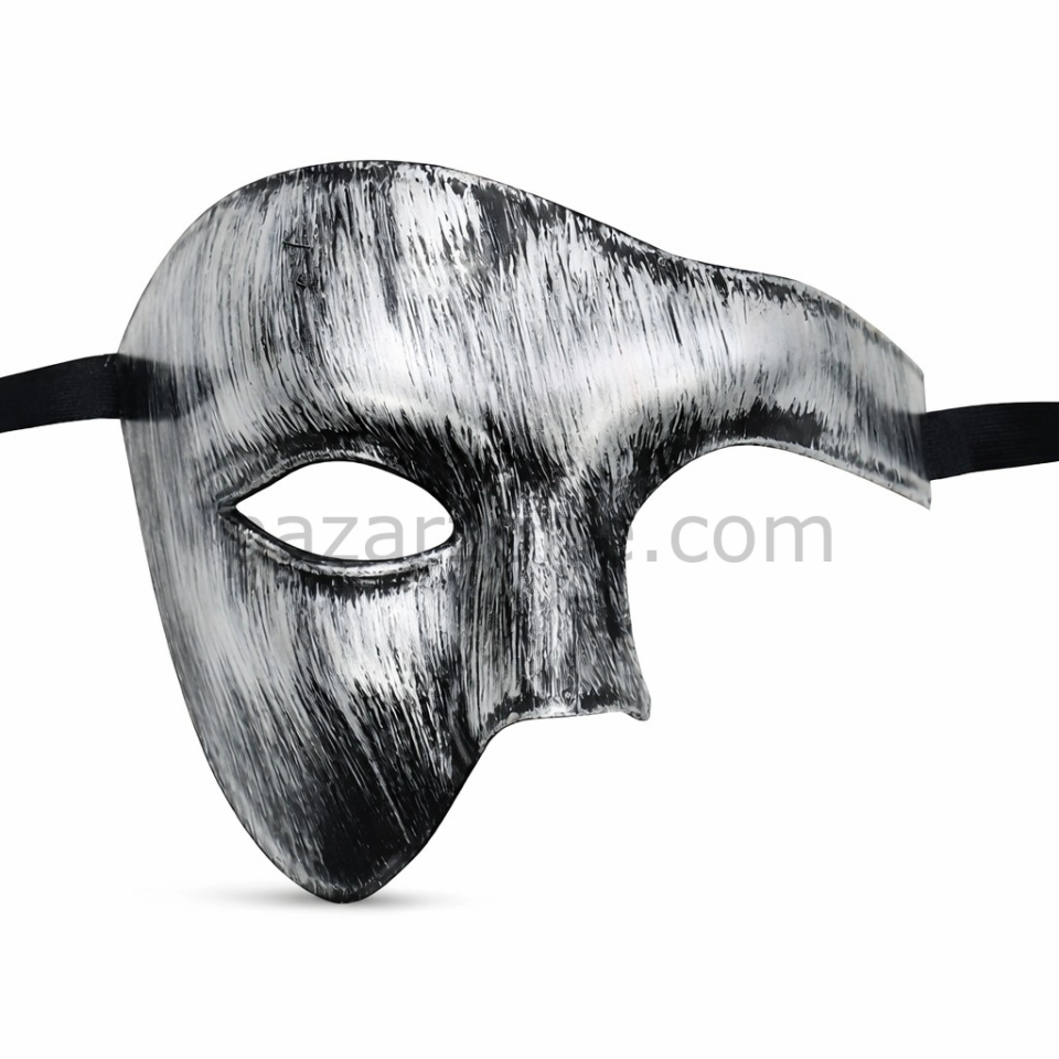 Antik Eskitme Gümüş Erkek Yarım Maske - Phantom & Balo Maskesi