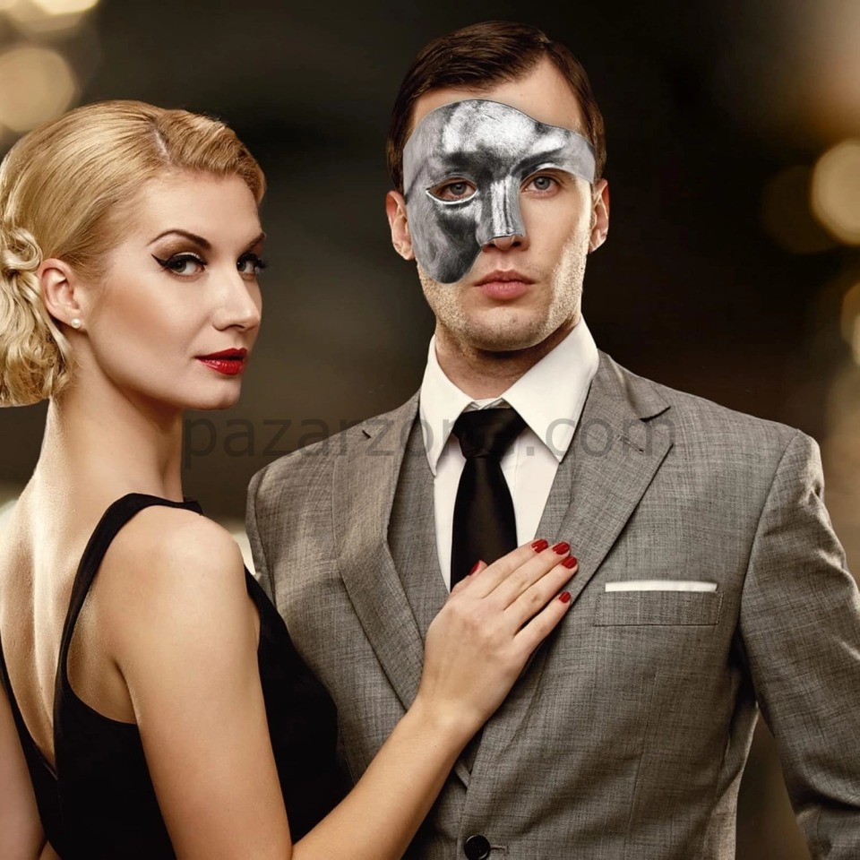 Antik Eskitme Gümüş Erkek Yarım Maske - Phantom & Balo Maskesi