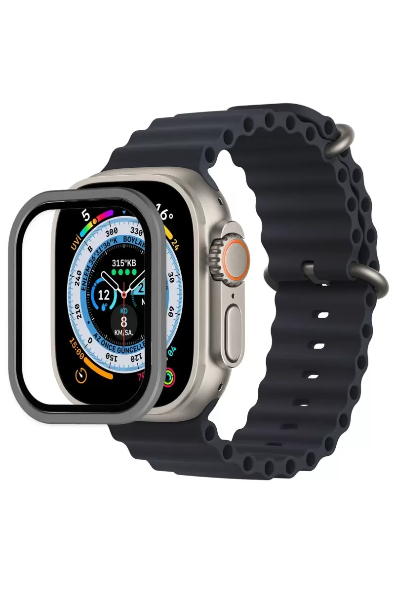 Newface Apple Watch Ultra 49mm Alüminyum Kasa Cam Ekran Koruyucu - Gri
