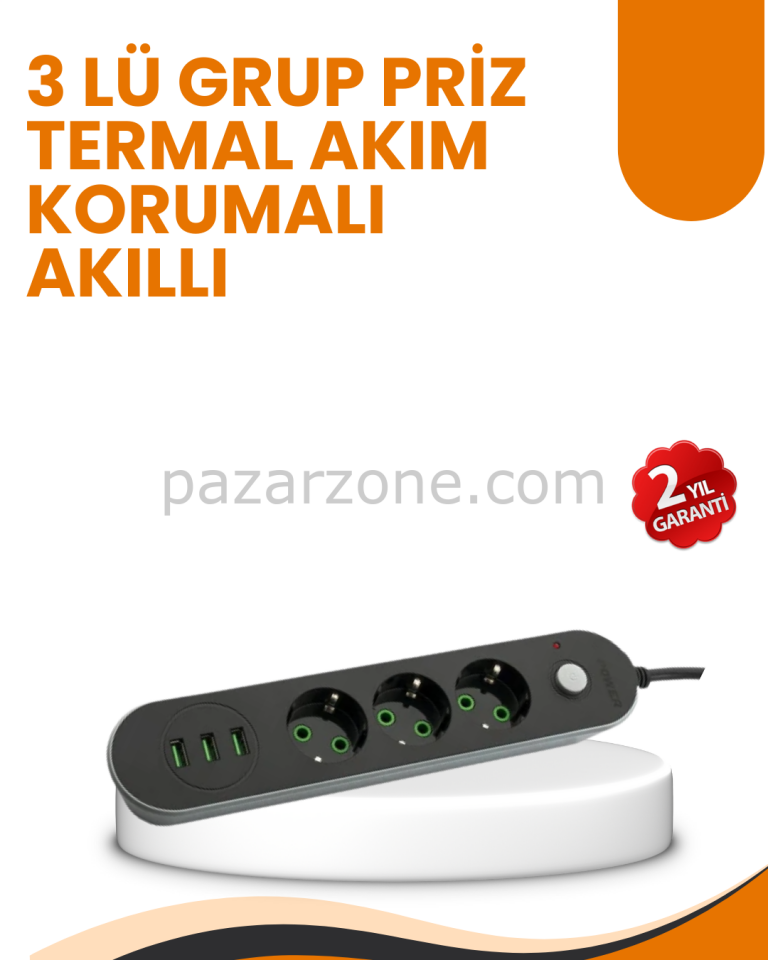 2 Metre Kablolu 3 USB Portlu Anahtarlı Üçlü Priz