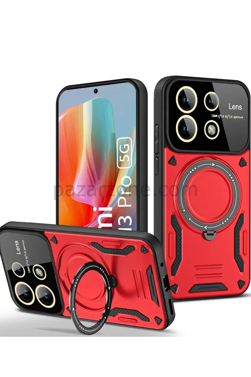 Newface Xiaomi Redmi Note 13 Pro 5G Kılıf Joy Lens Standlı Kapak - Kırmızı