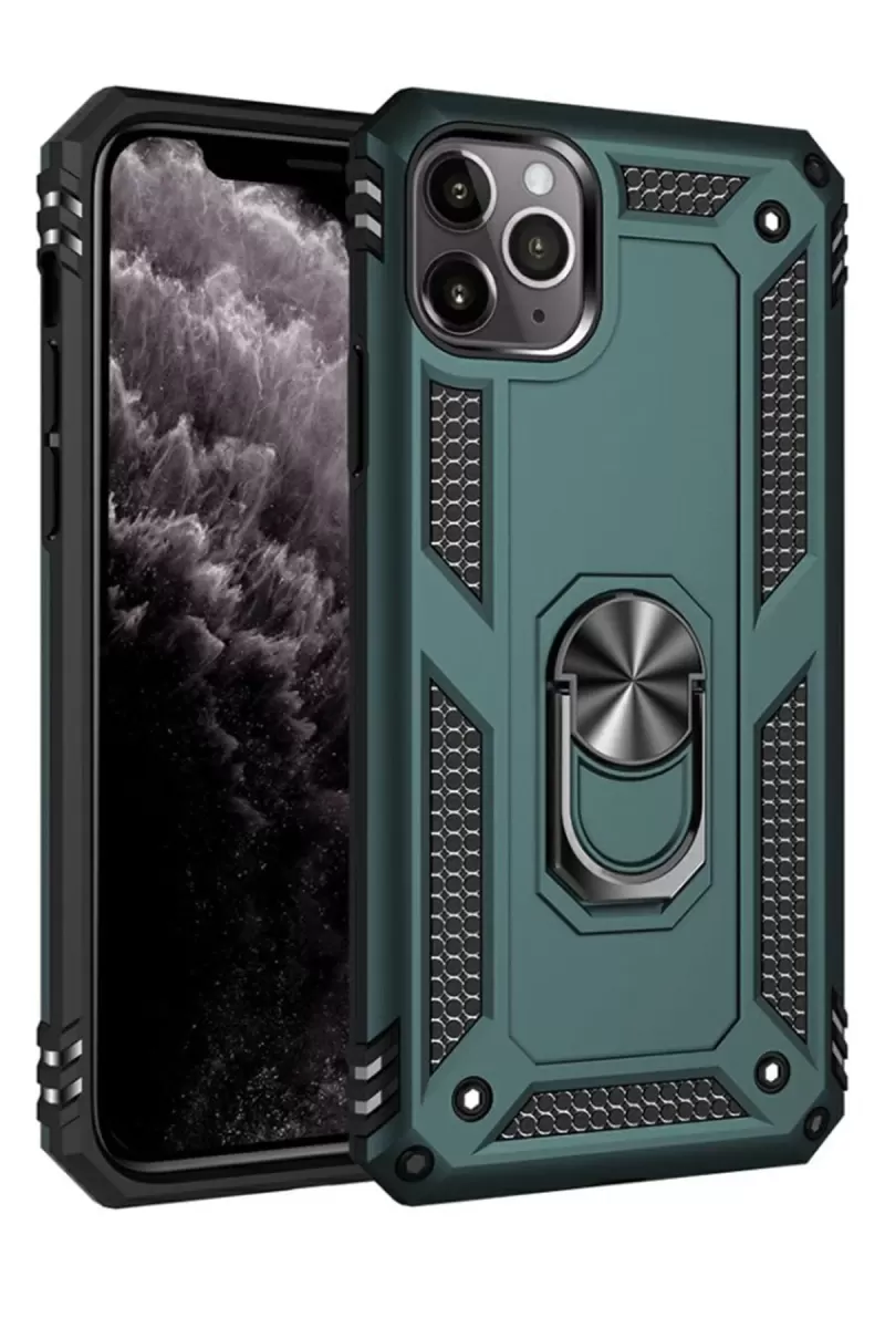 Newface Apple iPhone 11 Pro Max Kılıf Sofya Yüzüklü Silikon Kapak - Yeşil
