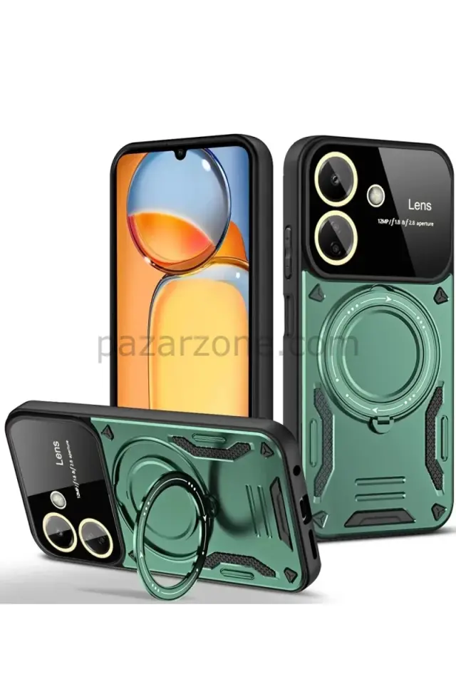 Newface Xiaomi Redmi 13C Kılıf Joy Lens Standlı Kapak - Koyu Yeşil