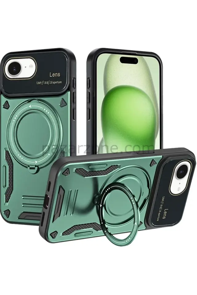 Newface Apple iPhone 16E Kılıf Joy Lens Standlı Kapak - Koyu Yeşil