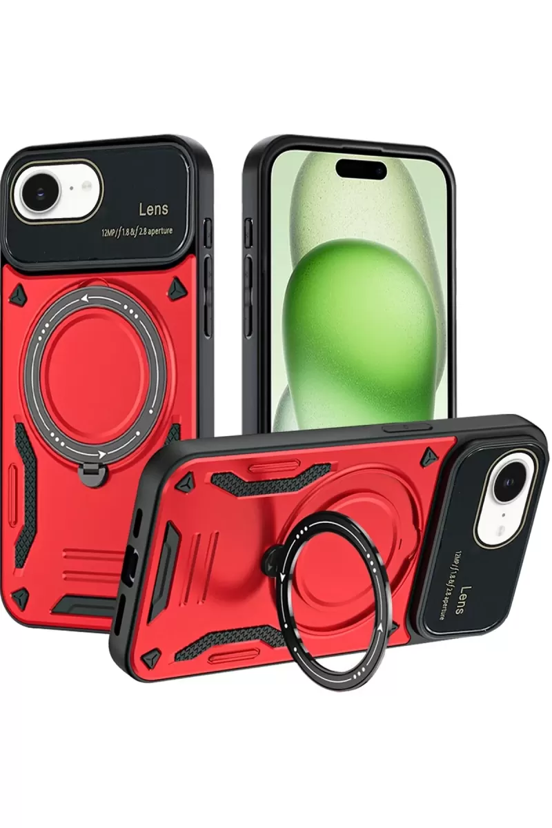 Newface Apple iPhone 16E Kılıf Joy Lens Standlı Kapak - Kırmızı