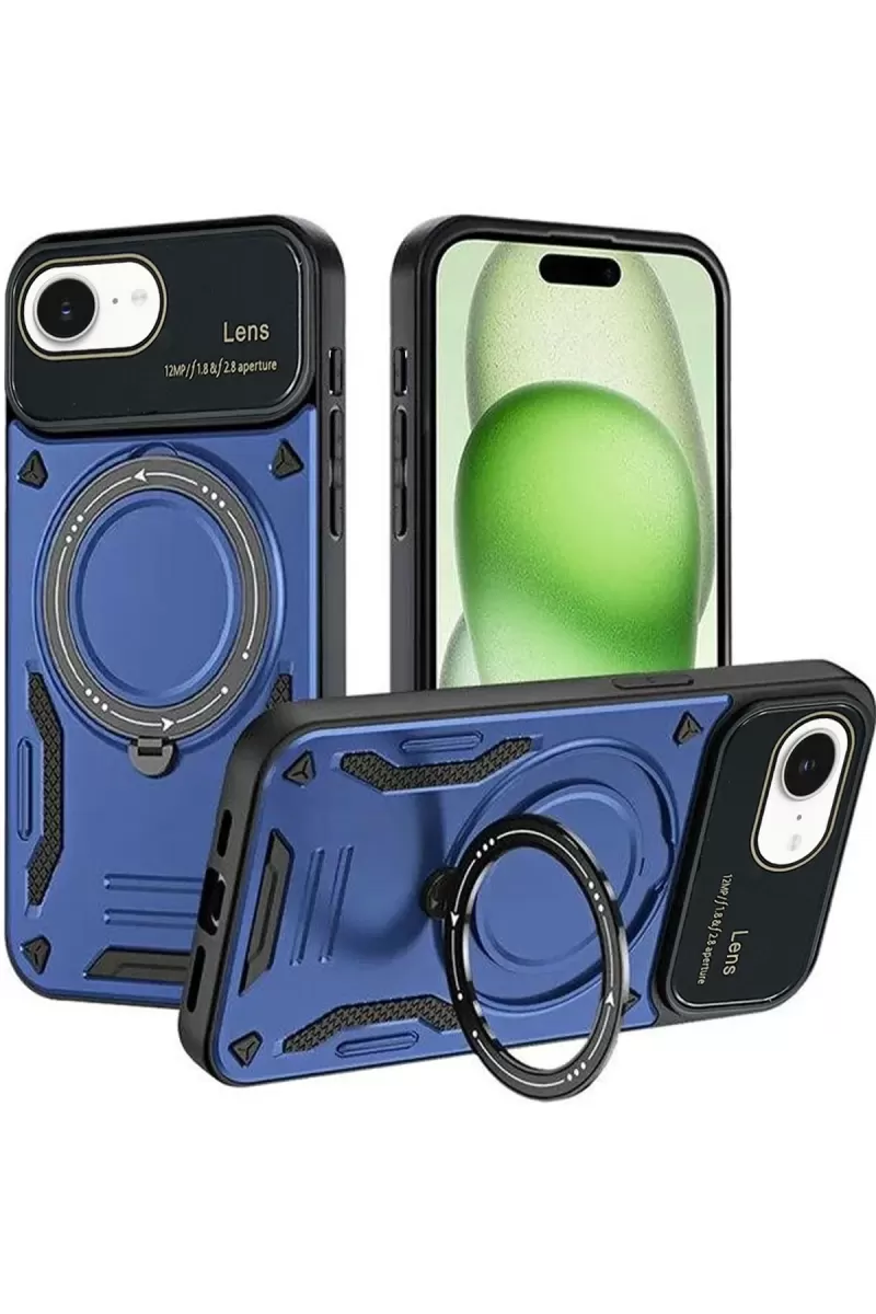 Newface Apple iPhone 16E Kılıf Joy Lens Standlı Kapak - Lacivert