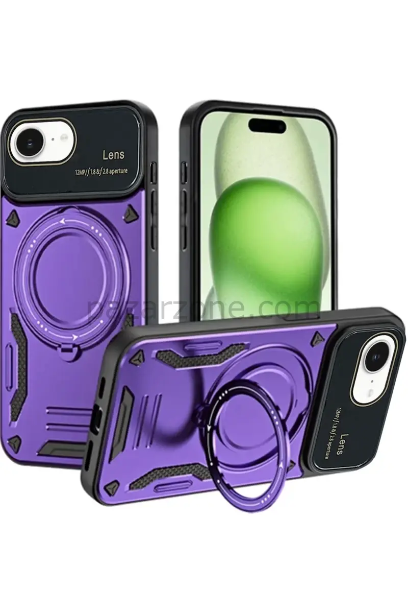 Newface Apple iPhone 16E Kılıf Joy Lens Standlı Kapak - Mor