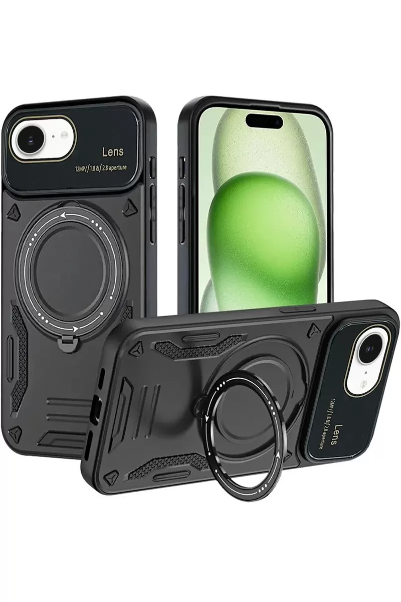 Newface Apple iPhone 16E Kılıf Joy Lens Standlı Kapak - Siyah