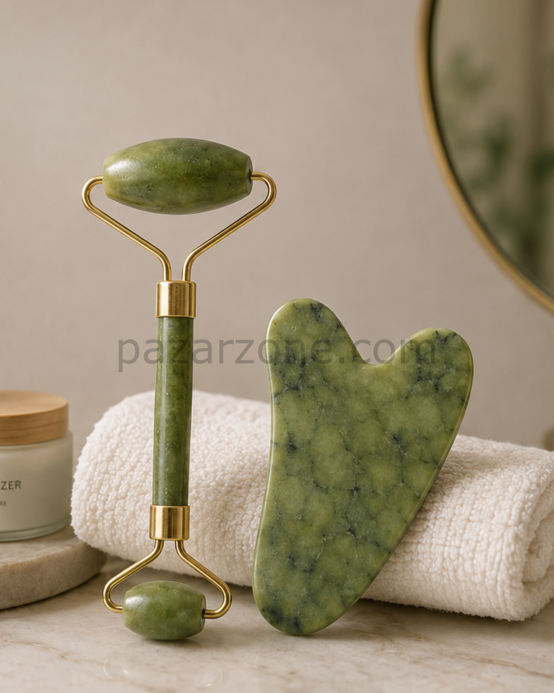 Jade Roller ve Gua Sha Taşı Yüz Bakım Masaj Seti