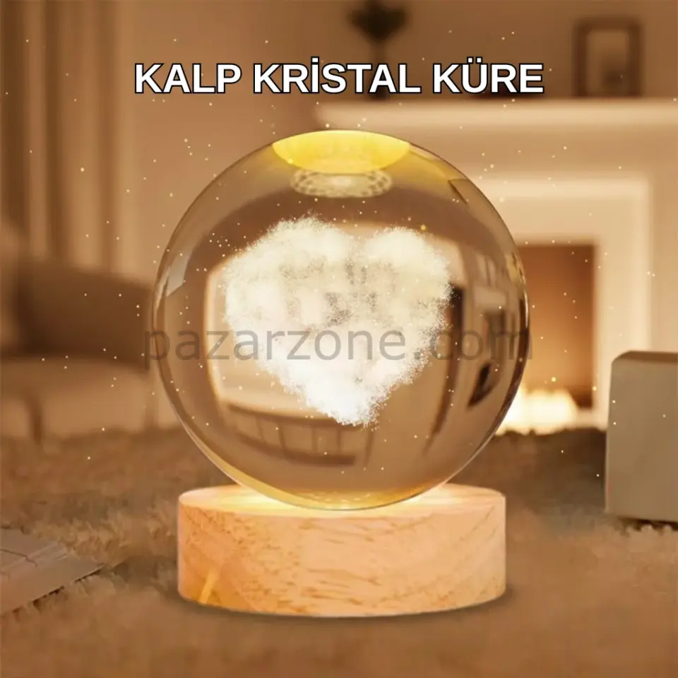 Ahşap Standlı Kalp Motifli Işıklı Cam Küre Hediye Seçeneği