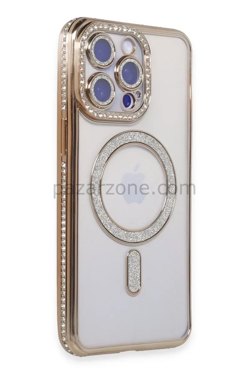Newface Apple iPhone 15 Pro Max Kılıf Joke Simli Magneticsafe Kılıf - Gold