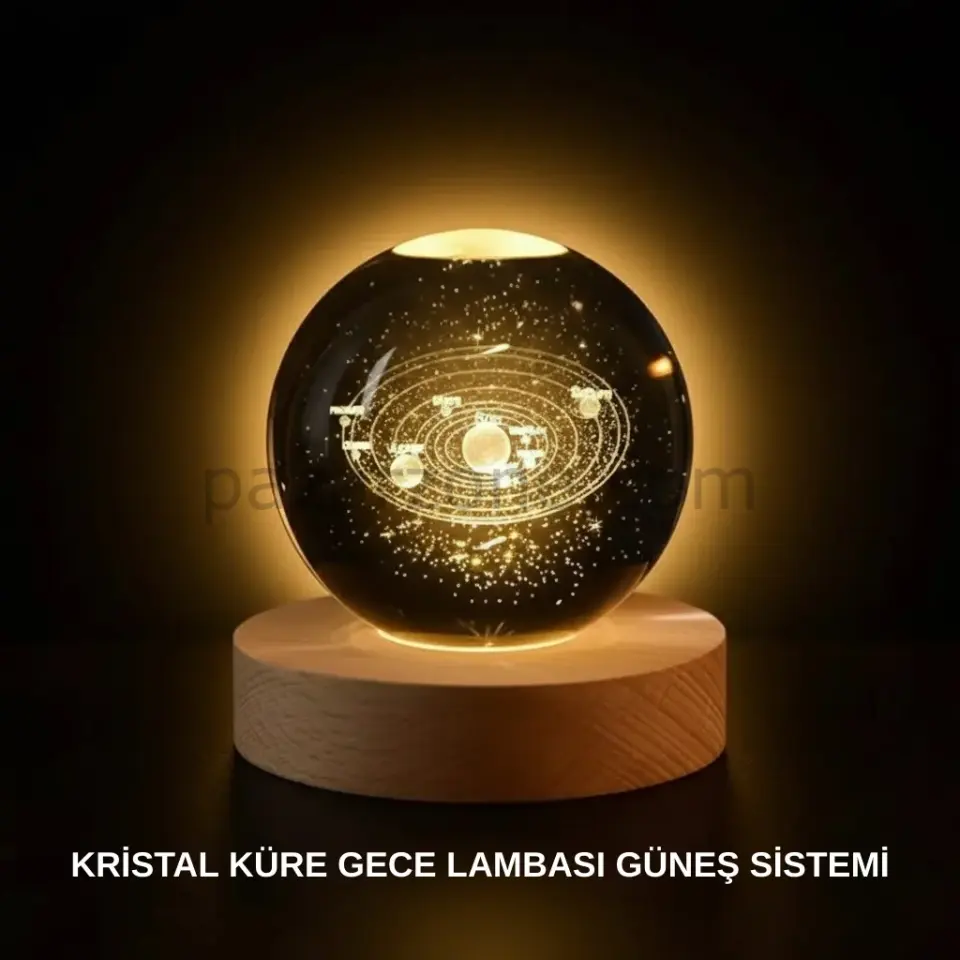 Ahşap Standlı LED Kristal Küre Lazer İşlemeli Dekoratif Obje