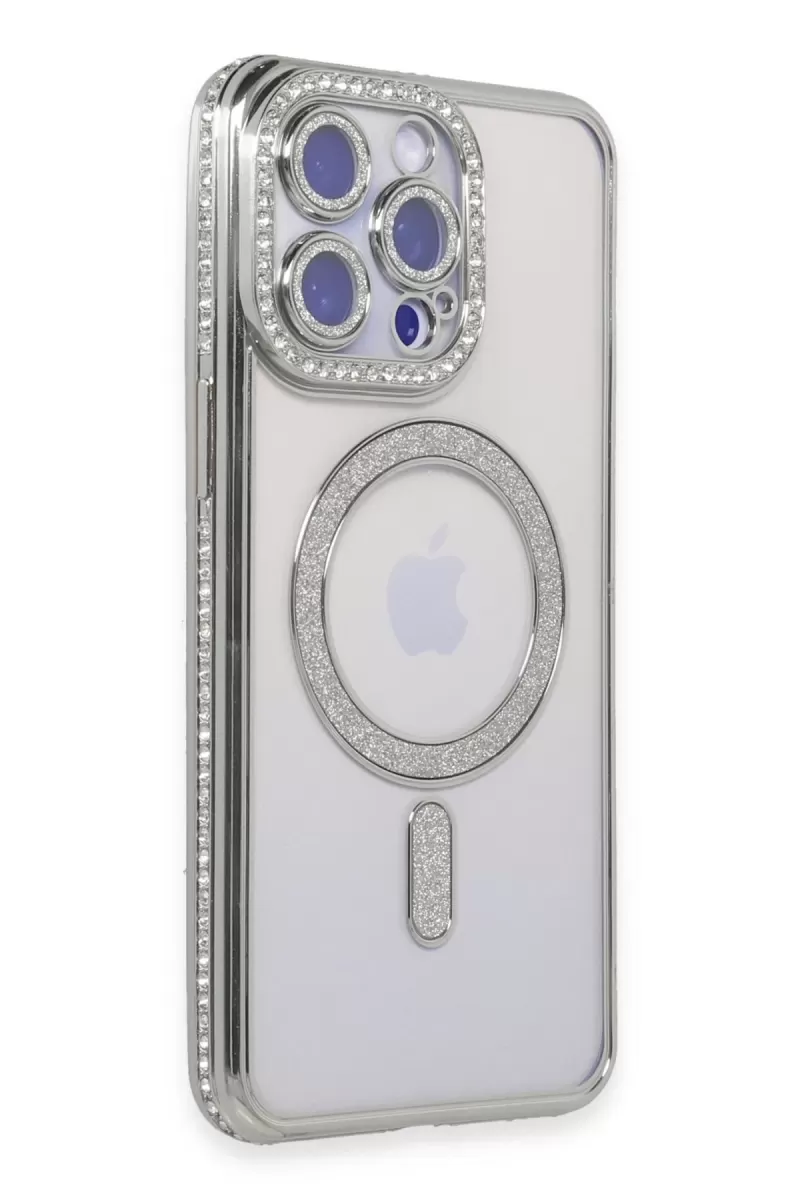 Newface Apple iPhone 15 Pro Max Kılıf Joke Simli Magneticsafe Kılıf - Gümüş