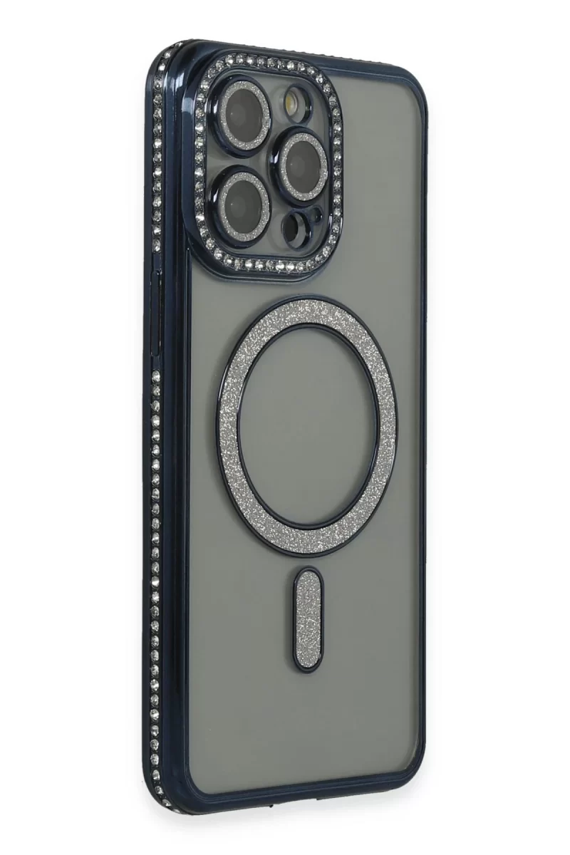 Newface Apple iPhone 15 Pro Max Kılıf Joke Simli Magneticsafe Kılıf - Lacivert