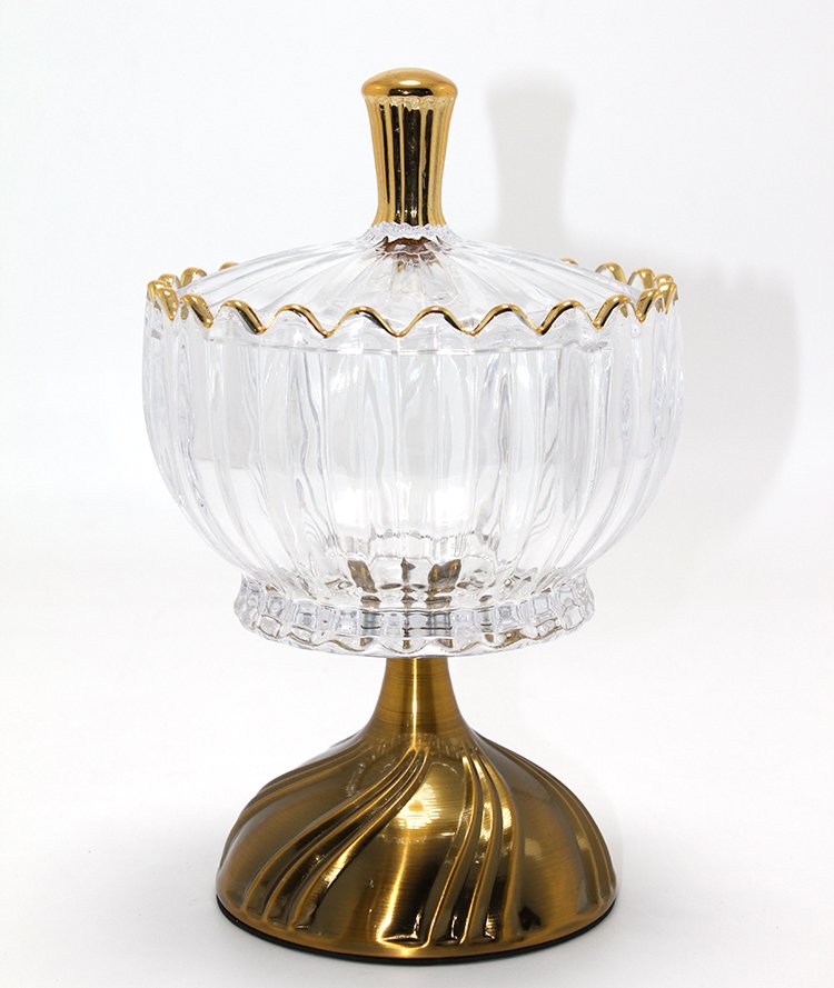 Metal Ayaklı Kristal Cam Şekerlik Gold Detaylı Sunumluk