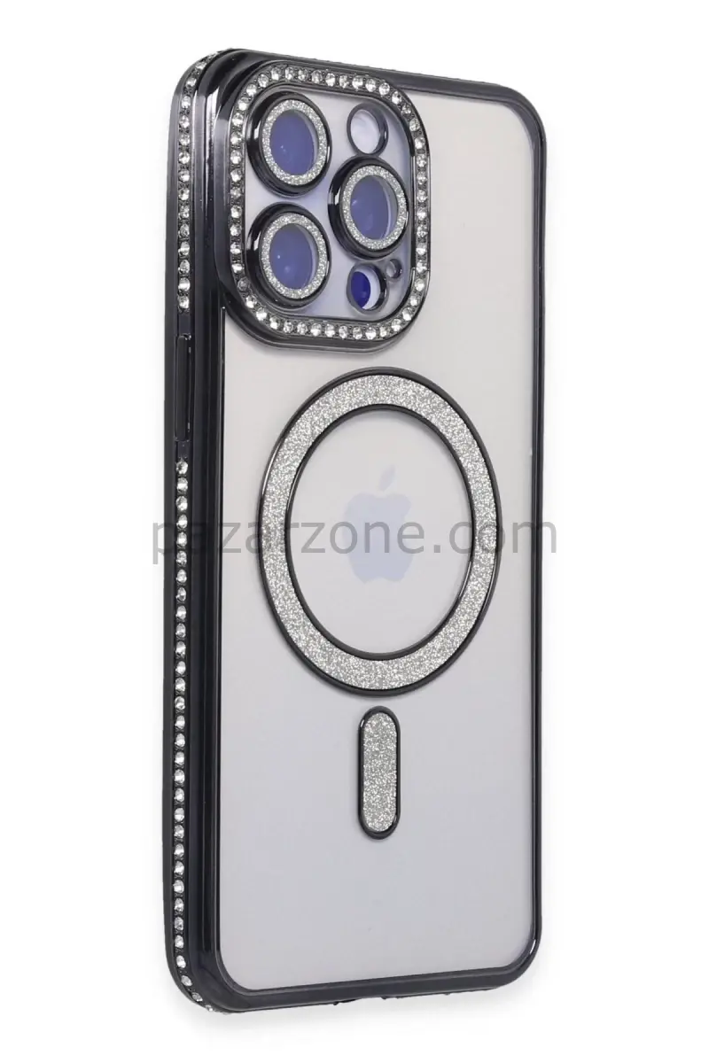 Newface Apple iPhone 15 Pro Max Kılıf Joke Simli Magneticsafe Kılıf - Siyah