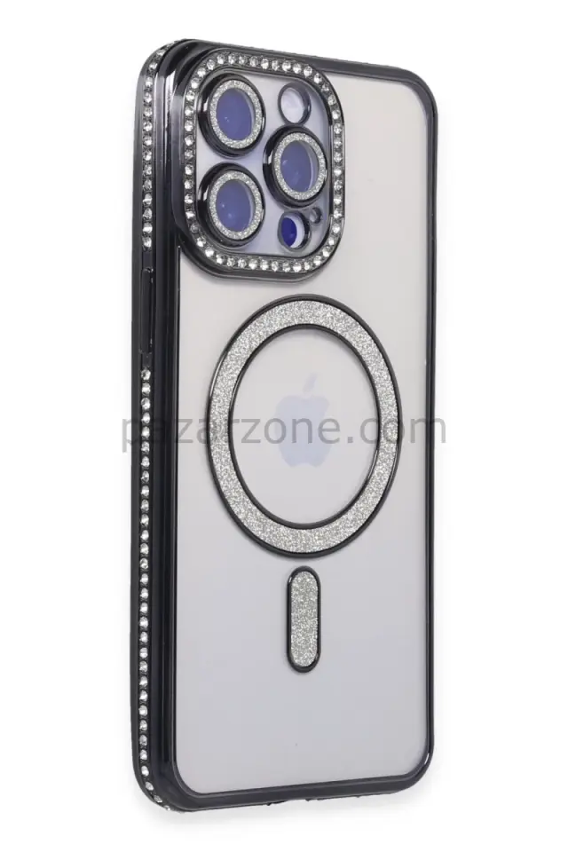 Newface Apple iPhone 15 Pro Max Kılıf Joke Simli Magneticsafe Kılıf - Siyah