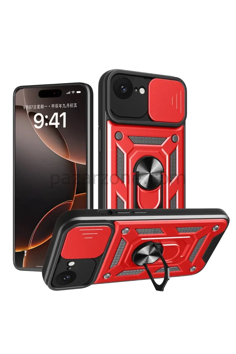 Newface Apple iPhone 16E Kılıf Pars Lens Yüzüklü Silikon - Kırmızı