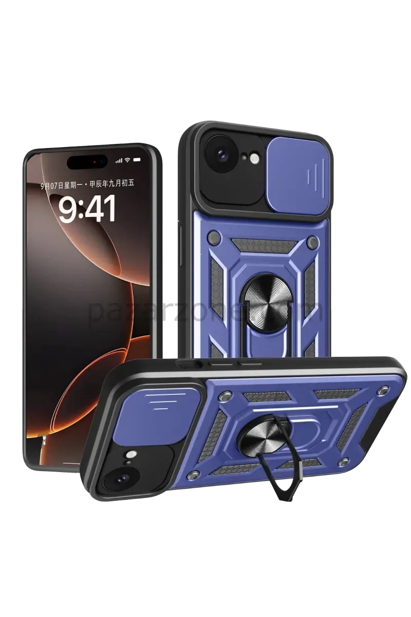 Newface Apple iPhone 16E Kılıf Pars Lens Yüzüklü Silikon - Lacivert