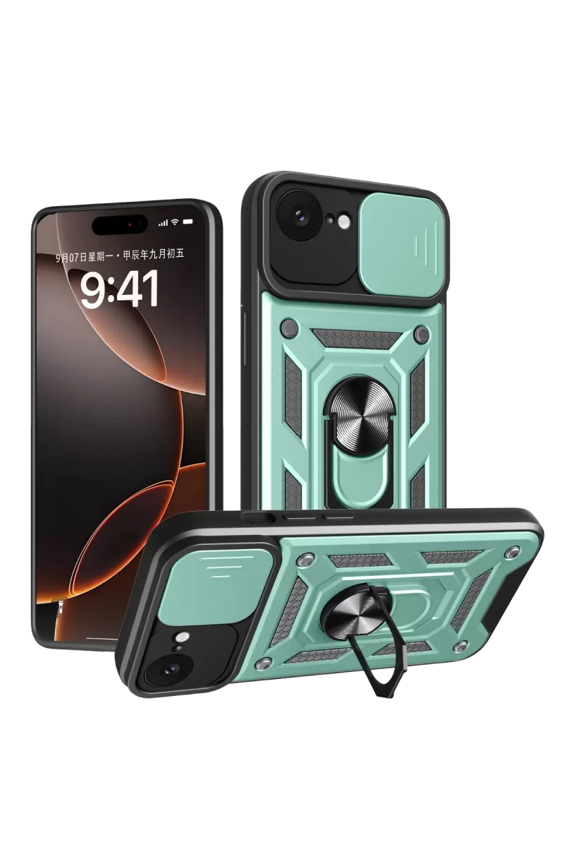 Newface Apple iPhone 16E Kılıf Pars Lens Yüzüklü Silikon - Yeşil