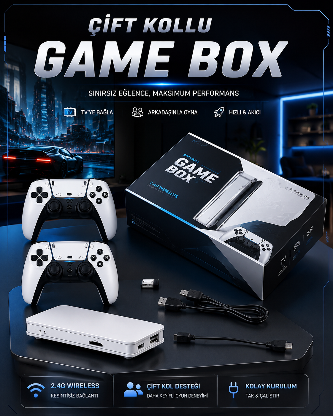 4K 3D HD Görüntü Kaliteli Kablosuz Çift Kollu 20.000 Oyunlu Retro Oyun Konsolu TV Box