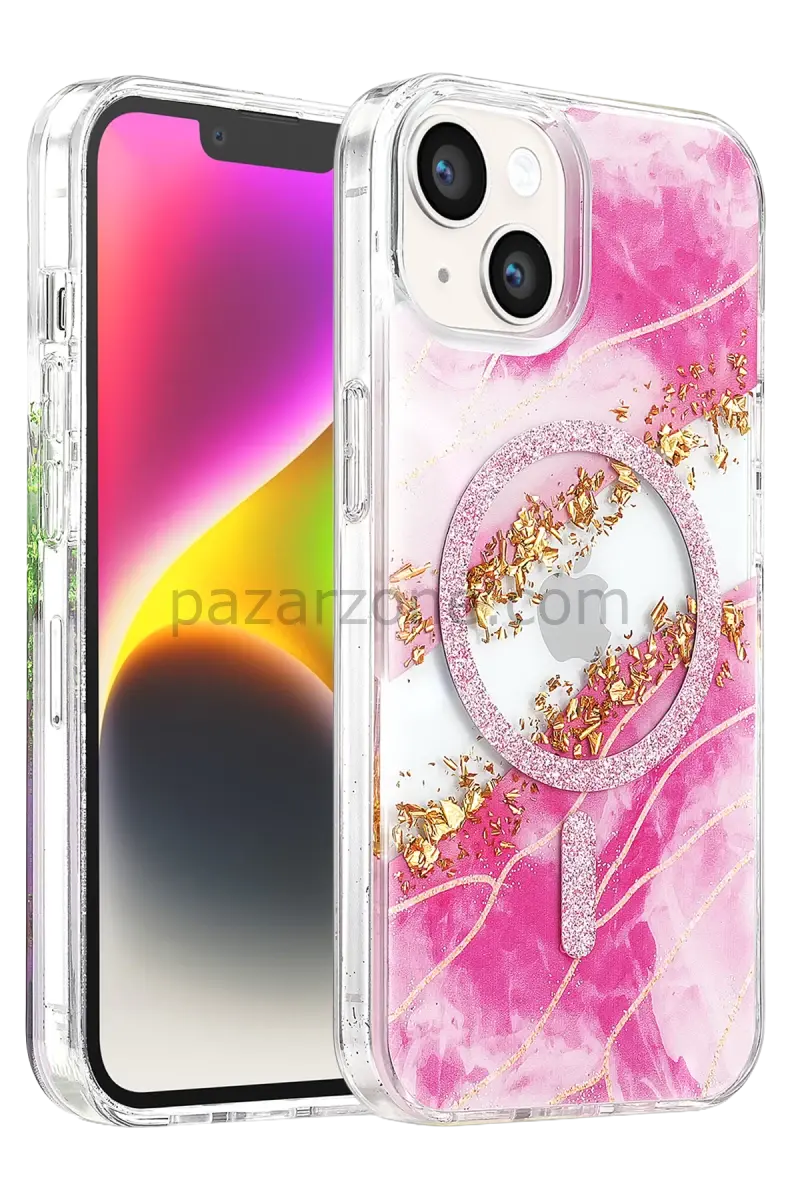 Onegif Apple iPhone 14 Lotus Simli Magsafe Kapak - Pembe