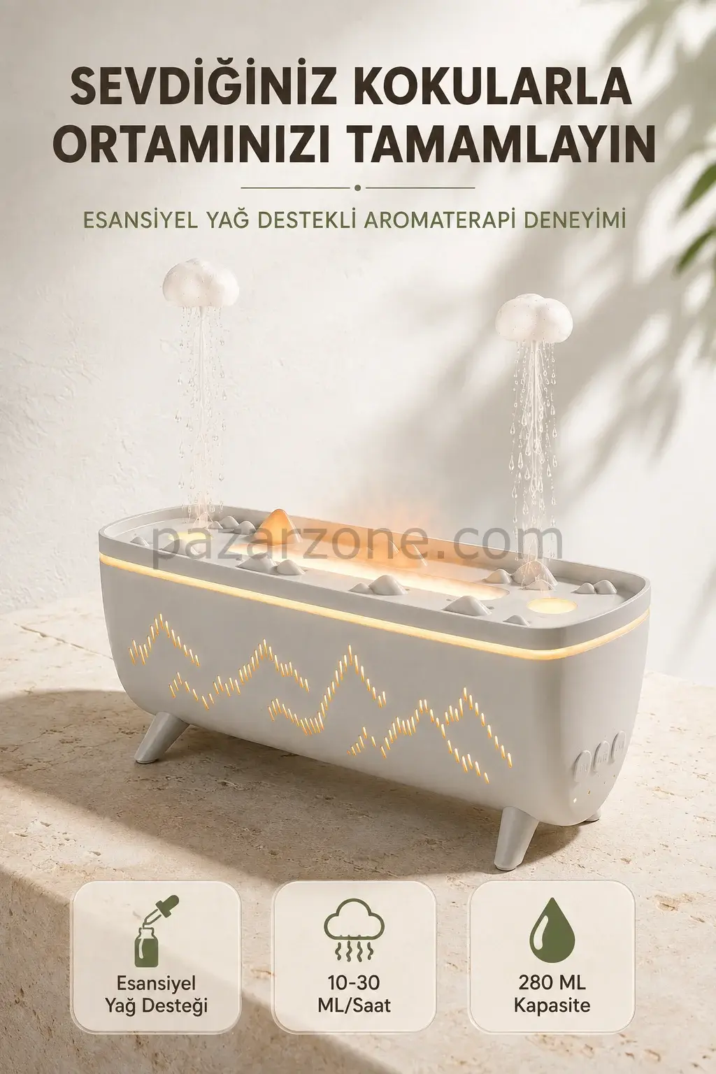 Ultrasonik Hava Nemlendirici Aromaterapi Difüzörü Jöle Yağmur Efektli LED Işıklı 280 ML